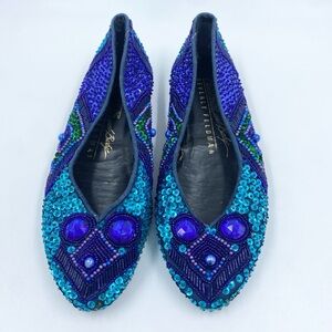 Vintage Frankie & Baby Beverly Feldman Sequin Beaded Flats Art Deco 7 Blue